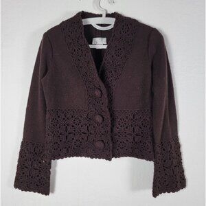 Talbots Womens Embroidered Cropped Cardigan Wool Long Sleeve Brown Size Petite P